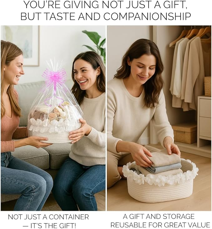 Yimi's Dream Cotton Rope Gift Basket – White Woven Gift Basket with Lace, Decorative Organizer for Baby Shower, Housewarming, Nursery, Toys, Socks, Diapers, Christmas, Holiday Gifts