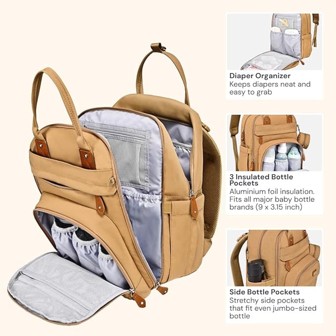 BabbleRoo Diaper Bag Backpack - Baby Essentials Travel Tote - Multi function Water Resistant Diaper Bag, Travel Essentials Baby Bag with Changing Pad, Stroller Straps & Pacifier Case - Unisex, Beige