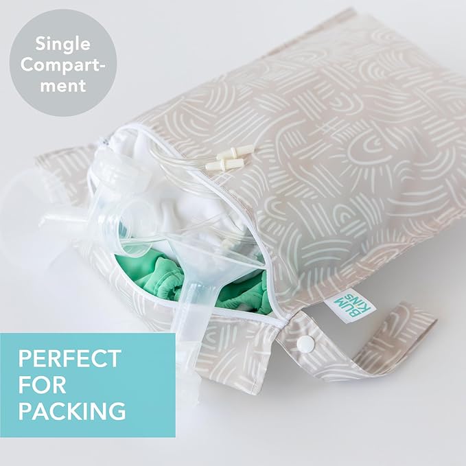 Bumkins Waterproof Wet Bag for Baby, Travel, Swim Suit, Cloth Diapers, Pump Parts, Pool, Beach, Gym Clothes, Toiletry, Hook to Stroller, Daycare, Zipper Reusable Wetdry Packing Pouch, Boho Beige