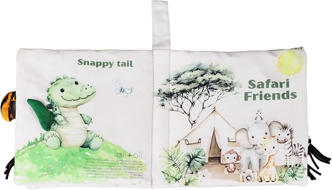 Ali+Oli Baby Cloth Book – Soft Sensory Crinkle Book with Textured Tails for Infants 0-12 Months – Early Learning Touch & Feel Tummy Time Toy – Newborn Shower Gift - Safari Friends