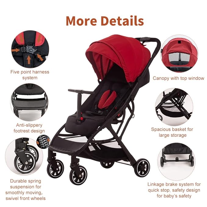 COOL KIDS Portable Stroller with Automatic Fold,Lightweight Umbrella Stroller with Pop Out Sun Canopy,Compact Stroller for Travel(red)