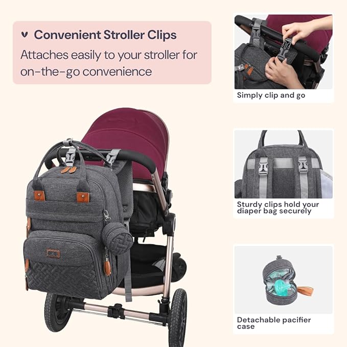 BabbleRoo Diaper Bag Backpack - Baby Essentials Travel Tote - Multi Function Water Resistant Diaper Bag, Travel Essentials Baby Bag with Changing Pad, Stroller Straps & Pacifier Case - Dark Gray