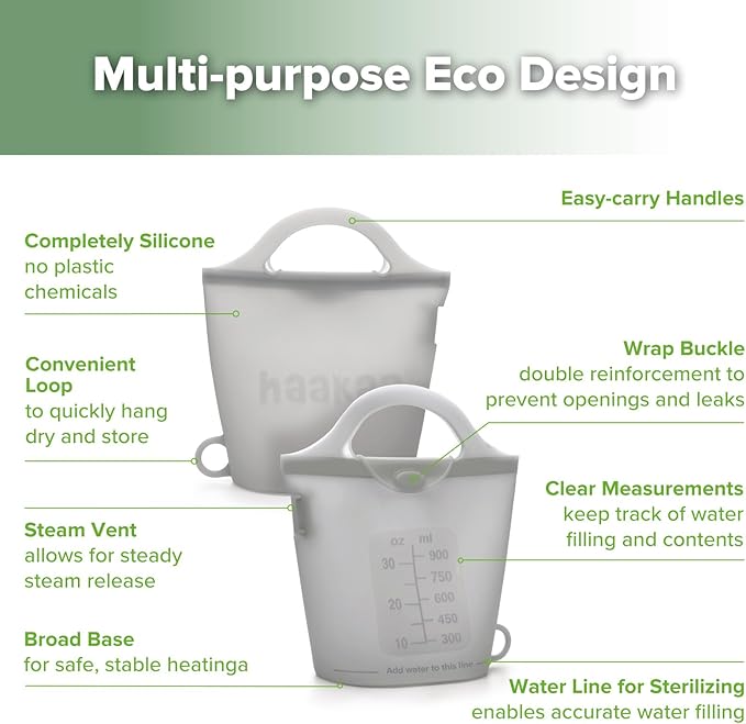 Haakaa Silicone Travel Microwave Steamer & Steriliser Bag, 30oz/900ml Reusable Silicone Steaming Bags for Baby Small Items, Pacifiers, Teethers or Baby Cups, Great for Home and On-The-Go, Grey/1PC