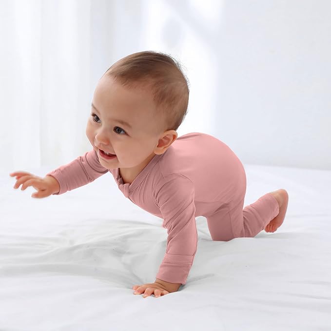 GUISBY Baby Pajamas with Mitten Cuffs - 3Pcs Girls Boys 2 Way Zipper Long Sleeve Rayon Sleepers