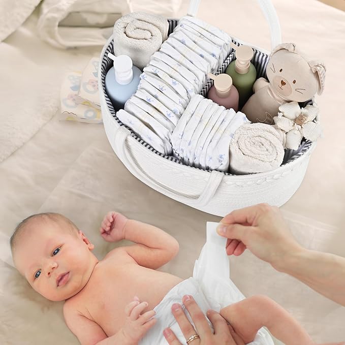 Baby Diaper Caddy Organizer, Cotton Rope Diaper Basket, Changing Table Storage Caddy With Removable Divider, Baby Basket for Nursery, Car, Diapers, Baby Shower Gifts for Newborn