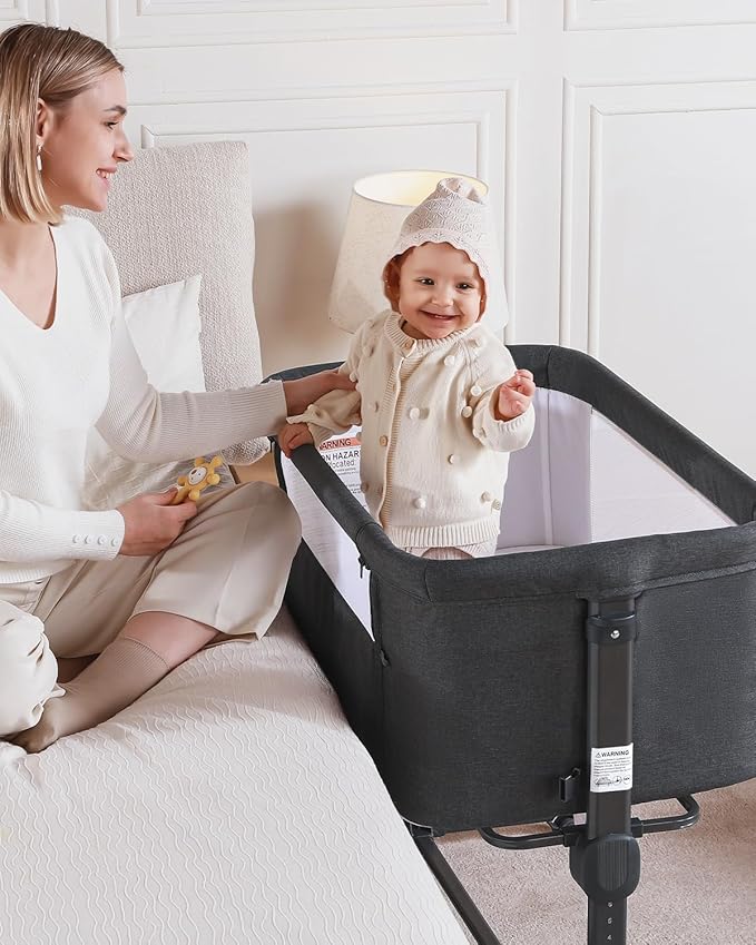 Larex Baby Bassinet, 3 in 1 Bassinets Bedside Sleeper for Newborn, Portable Crib Adjustable 7 Height Bedside Bassinet with Mattress and Wheels Dark Grey