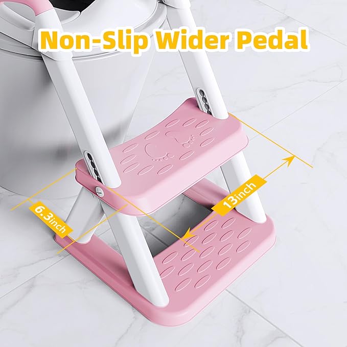 SKYROKU New Sector-Shape Stabilized Base 2-in-1 Toddler Toilet Seat, Potty Training Toilet with Splash Guard, Anti-Slip Pad, and Step Stool (Dark Blue) (8868-Pink)