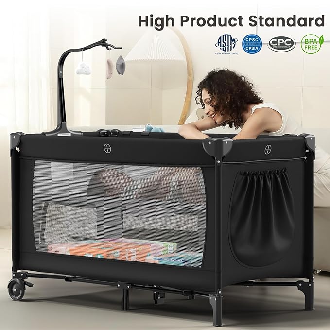 Large Pack and Play, Baby Bed Portable Crib with Diaper Changing Table Mattress Hanging Toys & Decor, Travel Bassinet Bedside Sleeper Playard from Newborn to Toddlers