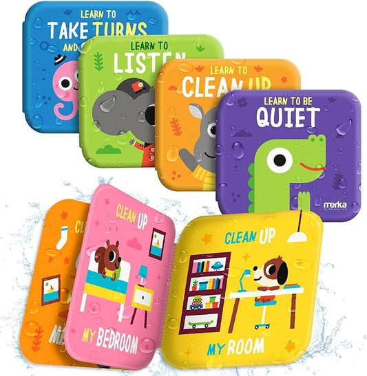 merka Learning Tub Bath Book Set for Toddlers - 6 x 6 in, Multicolor, 4-Pack - Baby Bath Toy for 3 Year Old - Waterproof Floating Bathtub Toys