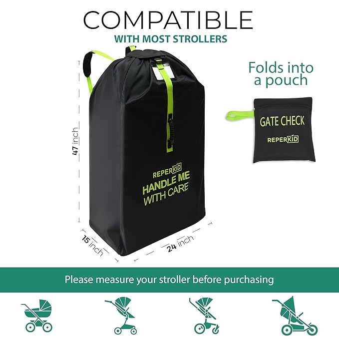 reperkid Large Stroller Bag for Airplane Travel, Black & Green, 47" H x 24" W x 15" D, Fits Most Large, Single, Double, Jogging Strollers – Premium Waterproof Cover, Adjustable Shoulder Straps