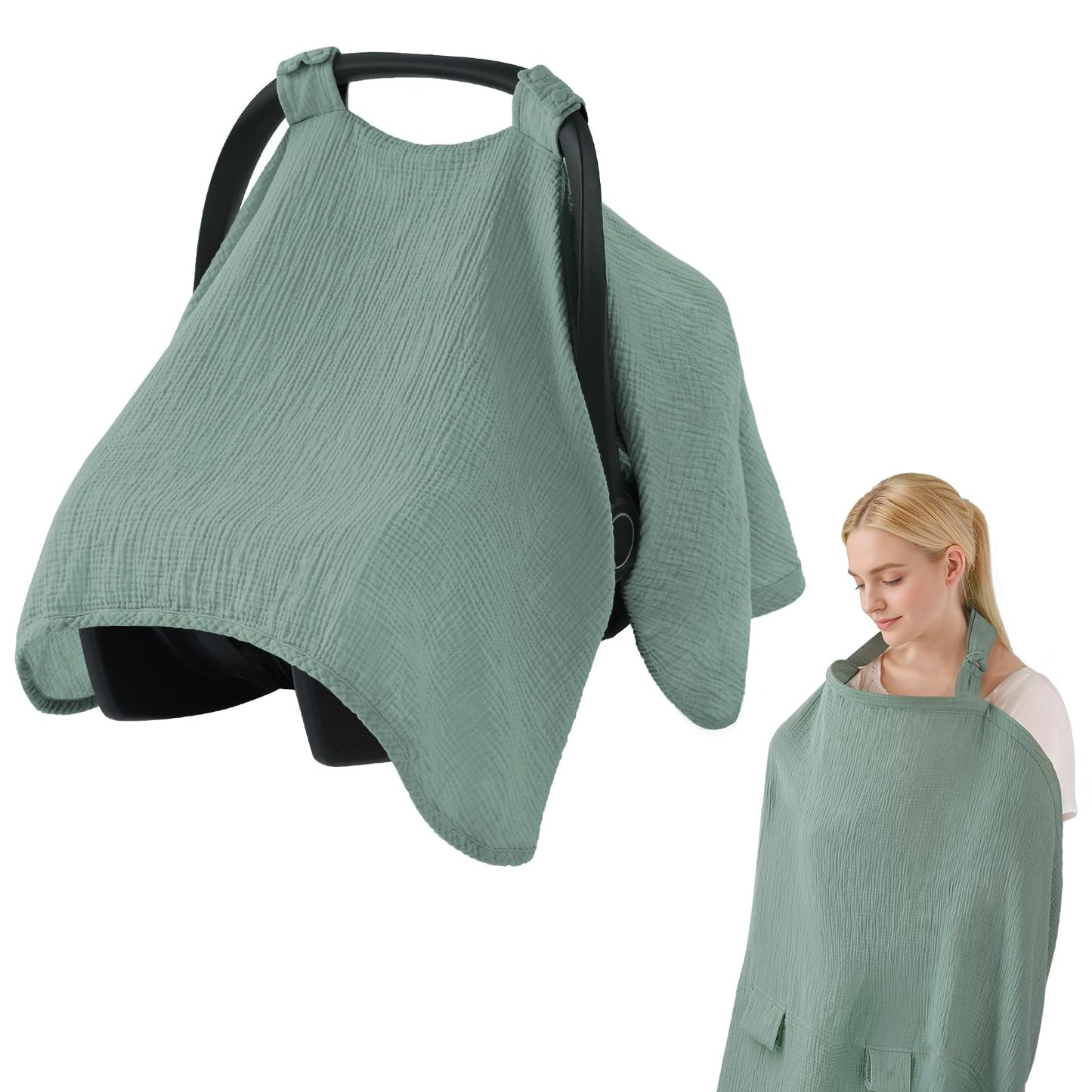 Blissful Diary Baby Car Seat Cover, Extra Large Mesh Window, Breathable Muslin Cotton, Infant Windproof Canopy, Must-Have Baby Gift - Roman Green