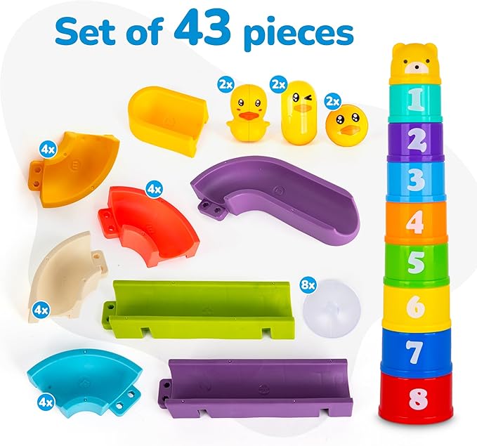 ArtCreativity 29 PCS Duck Bathtub Slide Toys, Toddler Bath Tub Water Toy Set with Bonus Stacking Cups, Lights & Sounds - Fun Birthday Gift for Boys & Girls, Kids Shower Toy and Pool Accessories