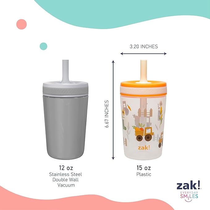 Zak Designs Kelso Toddler Cups For Travel or At Home, 15oz 2-Pack Durable Plastic Sippy Cups With Leak-Proof Design is Perfect For Kids (Silly Goose, Harvest)