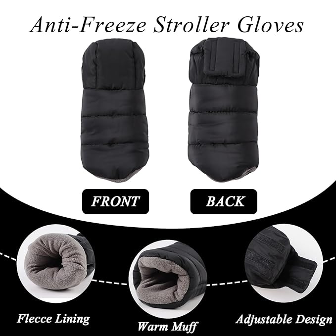 Zsedrut Stroller Gloves Universal Winter Anti-Freeze Stroller Mittens Water Repellent Hand Warmer Muff Fleece Lined,Winter Stroller Accessories (Black)