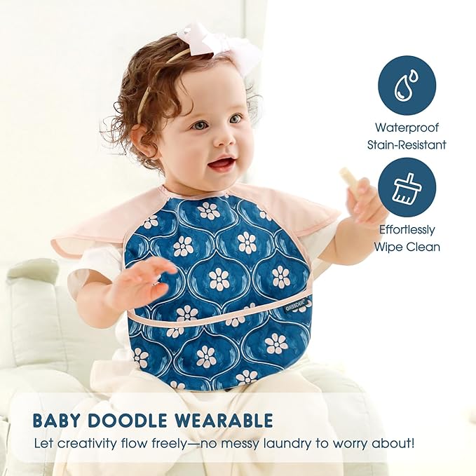 GRSSDER Soft Lightweight Waterproof Baby Feeding Bibs with Food Catcher Pocket, Adjustable and Easy Clean Wipe Off Toddler Bibs 3 Packs for 6-36 Months