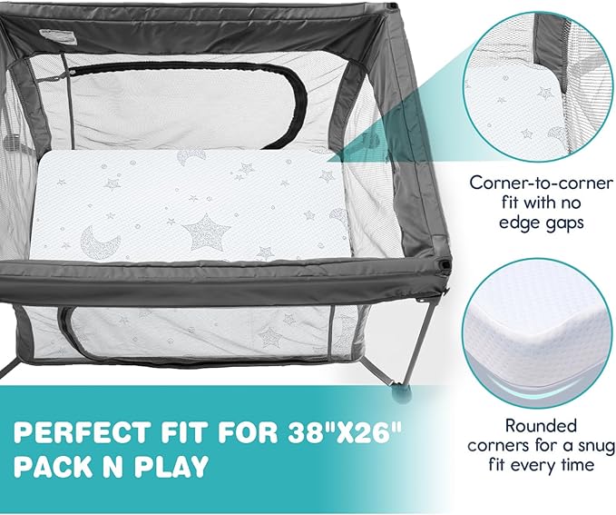 Pack and Play Mattress, 38x26 Pack N Play Mattresses Pad with Breathable Jacquard Cover, Portable Dual-Sided Soft & Firm Memory Foam Baby Mattress for Pack n Play Playpen