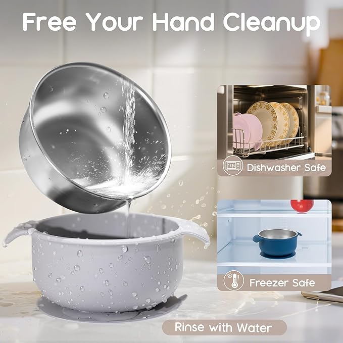 Bella's Friends Stainless Steel and Silicone Baby Bowls with Suction 3 Pack, 4.3” for Toddlers Kids Feeding, Non-Slip, Non-Toxic, Mess-Free, Dishwasher Safe, Fit High Chair Size, beige green blue