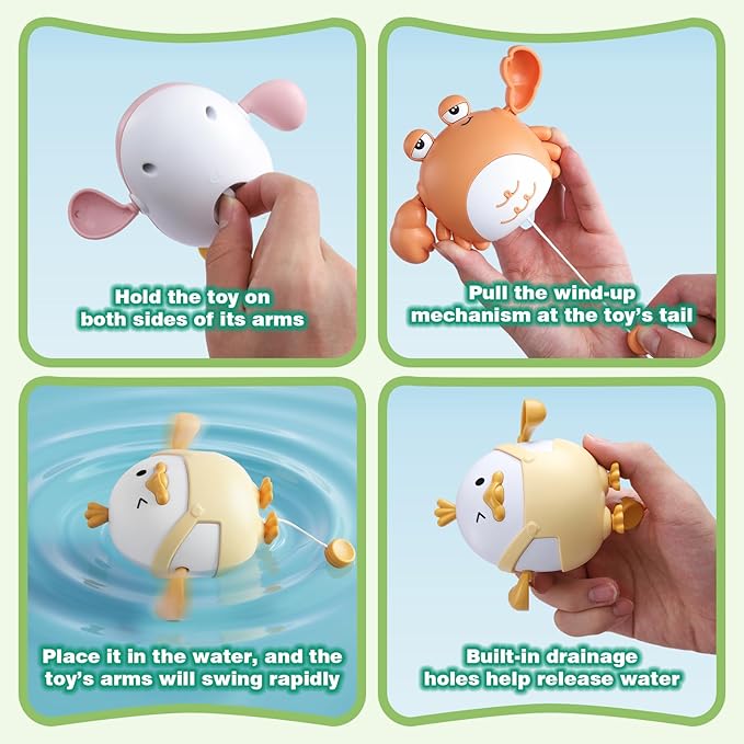 5PCS Baby Bath Toys Cute Pull String Bathtub Toy with Pull & Go Swimming Toys Magnetic Fishing Games Kids Wind-up Floating Water Bathtub Toy