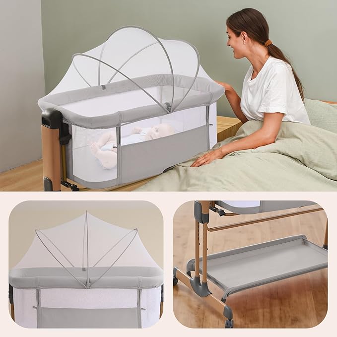 3 in 1 Baby Bassinet, Rocking Bassinets with Comfy Mattress and Wheels, Adjustable Height Bassinet Bedside Sleeper, Easy Folding Portable Crib for Newborn (Grey)