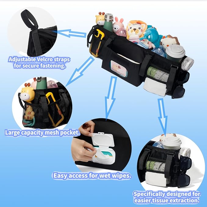 Double Stroller Organizer Compatible with BOB Duallie and Baby Jogger City Mini GT2 Double Stroller, Double Baby Stroller Accessories with 2 Cooler Pockets , Black(Empty Bag)