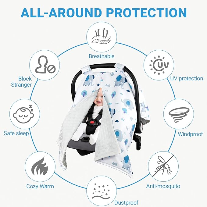 Metplus 2 in 1 Baby Car Seat Cover, Car Seat Canopy for Babies, Mom Multiuse Nursing Cover, Minky Baby Carrier Covers, Newborn Boy Girl, Peekaboo Opening