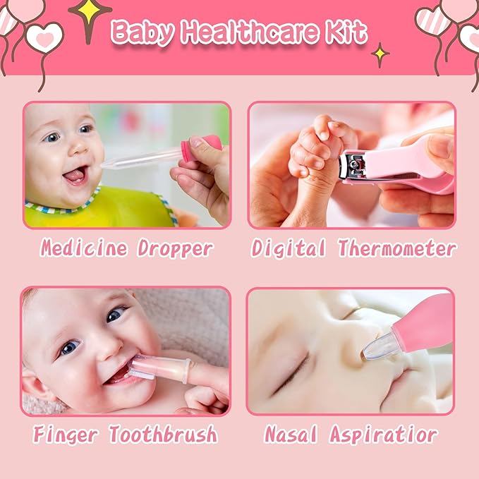 Baby Healthcare and Grooming Kit, 14 in 1 Baby Safety Set Newborn Nursery Health Care Set with Hair Brush Scale Nail Clippers for Baby Girls Boys (14 Kits Pink)
