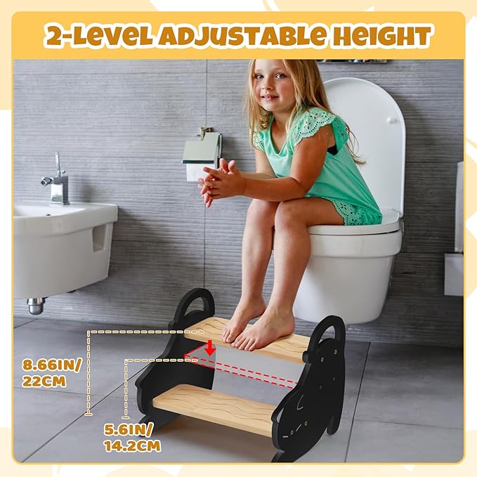COSYLAND Two Step Stool for Kids - Non-Slip Toddler Potty Training Stool for Sink/Kicthen/Bathroom/Bedroom, Lovely Cat Style Toddler Step Stool with Handles Easy to Move (Natural & Black)