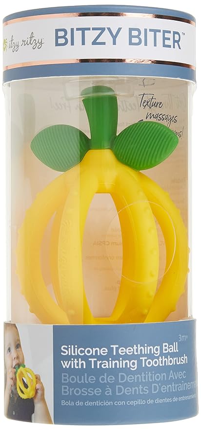 Itzy Ritzy Teething Ball & Training Toothbrush - Silicone, BPA-Free Bitzy Biter Lemon-Shaped Teething Toy Features Multiple Textures to Soothe Gums & an Easy-to-Hold Design (Lemon)