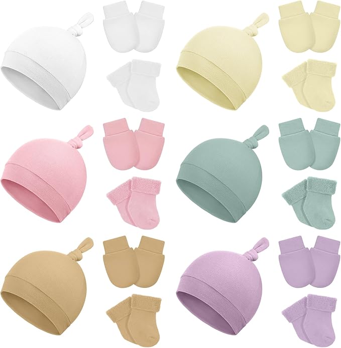6 Pcs Preemie Hats Mittens and Socks Set Cotton Preemie Cap Knotted Hat No Scratch Warm Terry Socks for Boys Girls