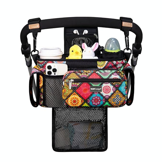 TOPDesign Universal Baby Stroller Organizer, Stroller Caddy with Detachable Mesh Bag & Heightened Insulated Cup Holders & Non-Slip Secure Hooks Accessories, Fits Most Strollers (Yoga)