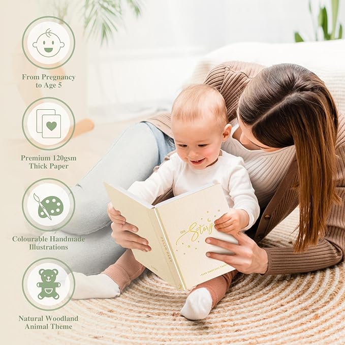 Lanpn Baby Memory Book - Linen Baby Book Memories Keepsake - The Story of You - Newborn Baby First 5 Year Journal Scrapbook Photo Book Milestone Album for Boy Girl New Parents (Beige, 154 Pages)