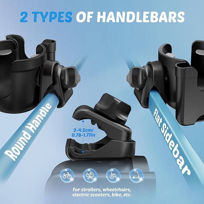 Guiseapue 2 Packs Cup Holder for Walker: Stroller Cup Holder Attachment with Phone Holder, Wheelchair/Stroller Accessories for Uppababy, Nuna, Doona, Bike, Scooter, Baby Travel Essential