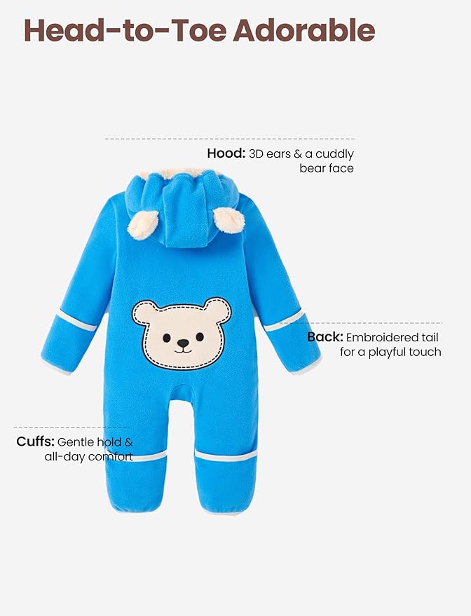 PATPAT Fleece Hooded Footed Romper Clothes, Soft Warm Footie Covers, Car Seat Friendly, Easy Zip, Cute Boy Girl
