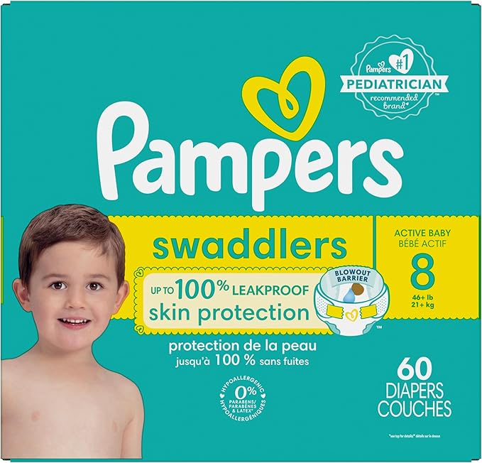 Pampers Baby Diapers - Swaddlers - Size 8, 60 Count, Ultra Absorbent Disposable Infant Diaper