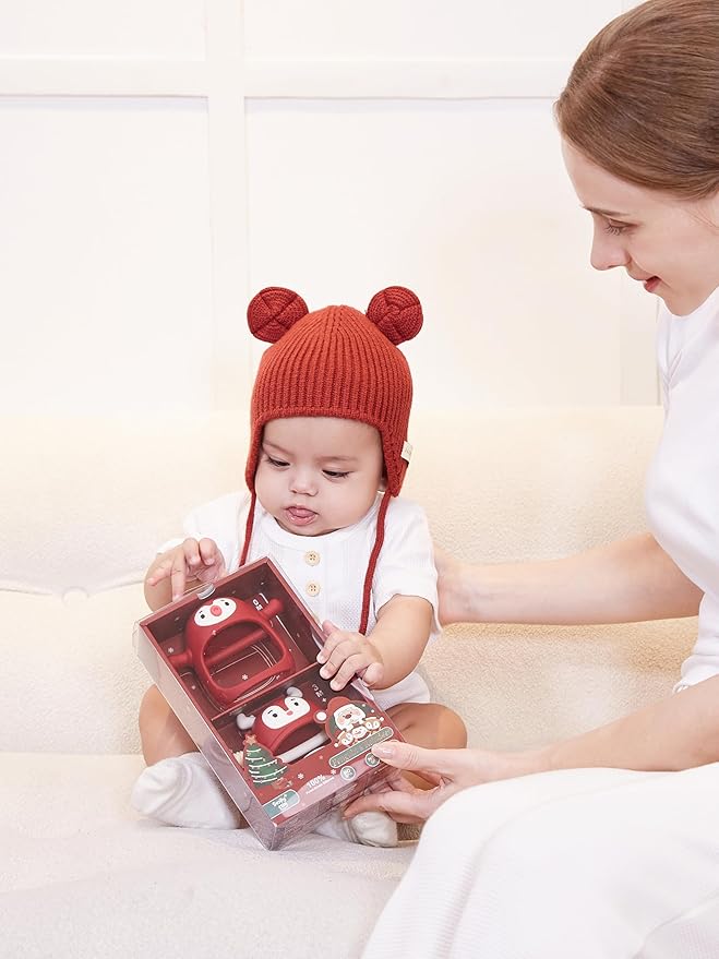 Baby Christmas Stocking Stuffers-Smily Mia Penguin Buddy and Reindeer 2 in 1 Christmas Gift/Toy Set for 0-12 Months Teething Babies, Teeting Mittens For Babies, Infant Christmas Gift Box-Christmas Red