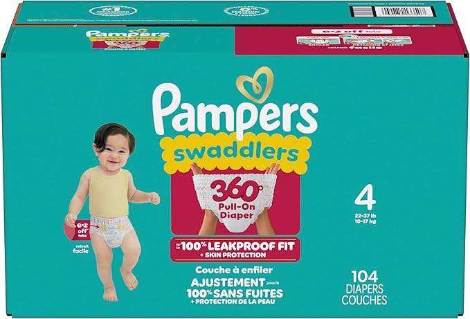 Pampers Diapers - Swaddlers 360° - Size 4, 104 Count, up to 100% Leakproof Comfy Dry Fit, Designed for Easy Changes, Pull On Baby Diaper (Packaging May Vary)