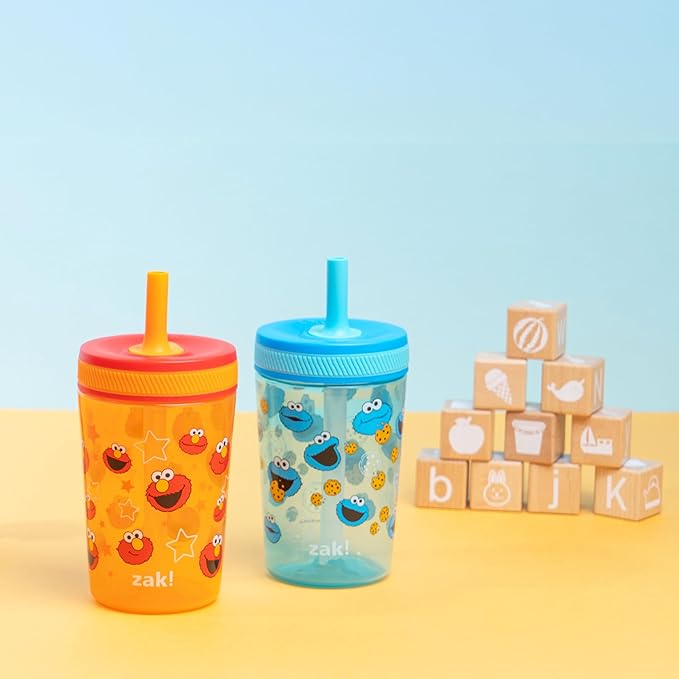 Zak Designs Sesame Street Kelso Toddler Tumblers For Travel or At Home, 15oz 2-Pack Durable Plastic Sippy Cups With Leak-Proof Design is Perfect For Kids (Elmo and Cookie Monster)