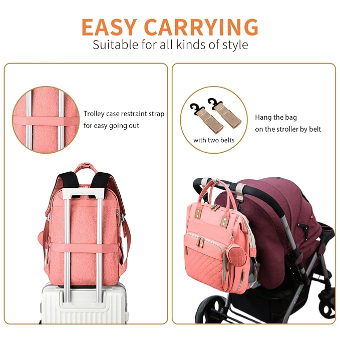 Diaper Bag Backpack with Changing Station Portable 3 in 1 Multifunction Backpack Travel mommy bag Stroller Pink