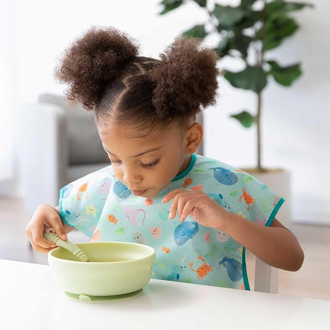 Bumkins - Junior Bib - For Boys & Girls, Toddlers & Kids 1-3 Years - Lightweight, Durable, Waterproof - Short Sleeve Bib - Catch-All Pocket - Wipeable & Machine Washable - Jungle & Ocean - 2 Pack