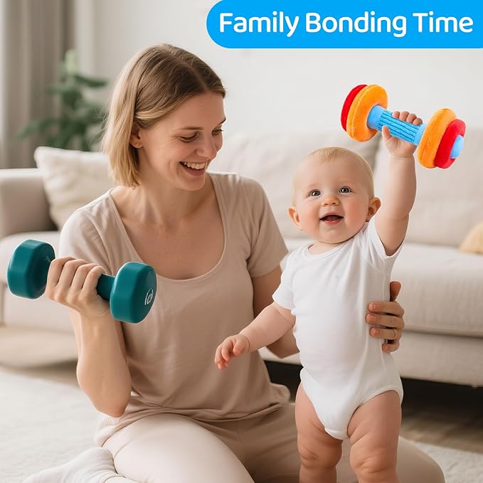 Baby Toys 3-6-12 Months Sensory Toy for Babies Workout Dumbbell Weights Toy Set with Rattles,Crinkle,Mirror & Teether,Montessori Toys for 6 Month Old Infant Baby Girl Boy Gifts