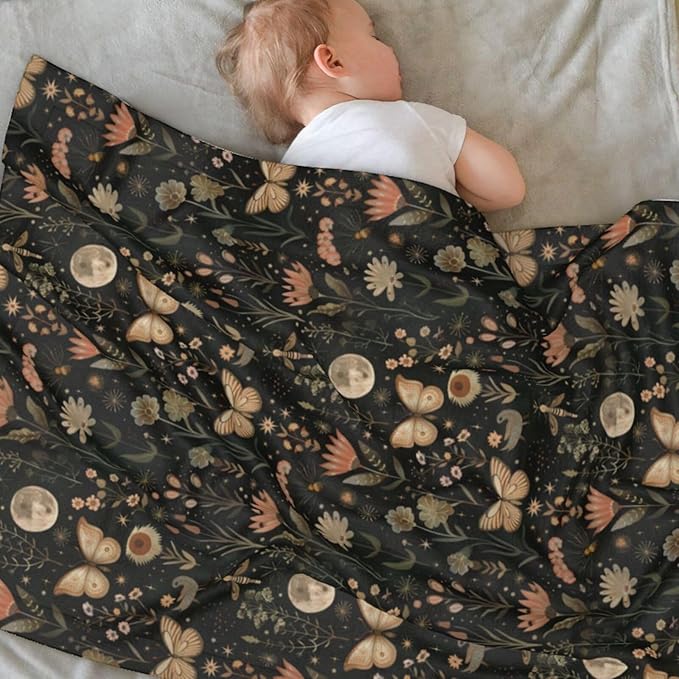 Baby Blanket Vintage Butterfly Moon Flower for Boy Girl Newborn 30x40 Inch Toddler Infant Nursery Throw Blankets Double Layer Comfy Soft Plush Stroller Crib Quilt