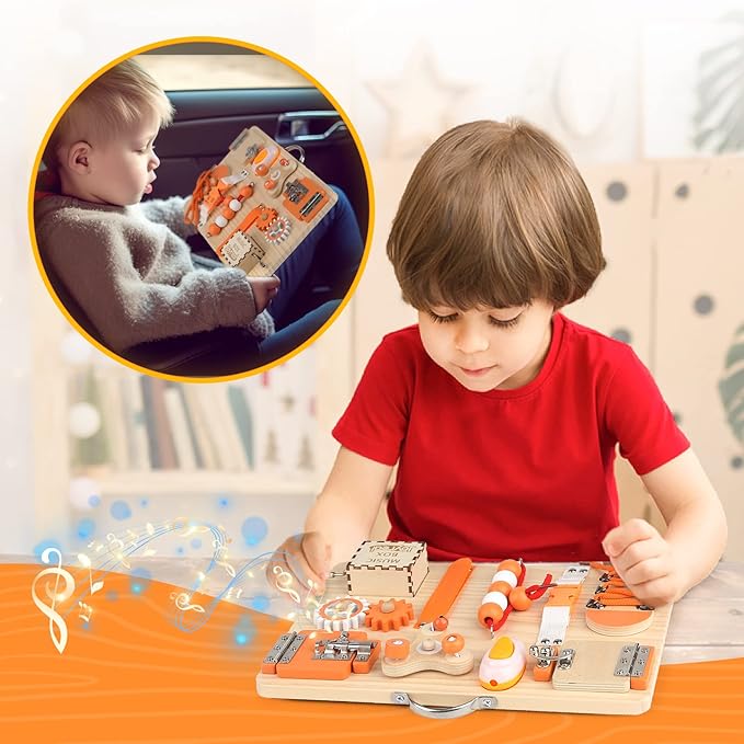 Joyreal Wooden Busy Board for Toddlers - Montessori Sensory Activity Board for Fine Motor Skills, Educational Travel Sensory Toys for Children Toddlers & Kids