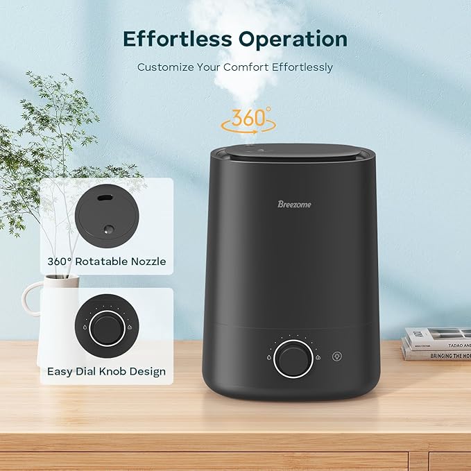 BREEZOME 5L Humidifiers for Bedroom, Ultrasonic Cool Mist Top Fill Humidifier & Essential Oil Diffuser, 360°Nozzle, Auto Shut-off, 50H Runtime, Quiet Humidifiers for Large Room, Baby Nursery, Plants