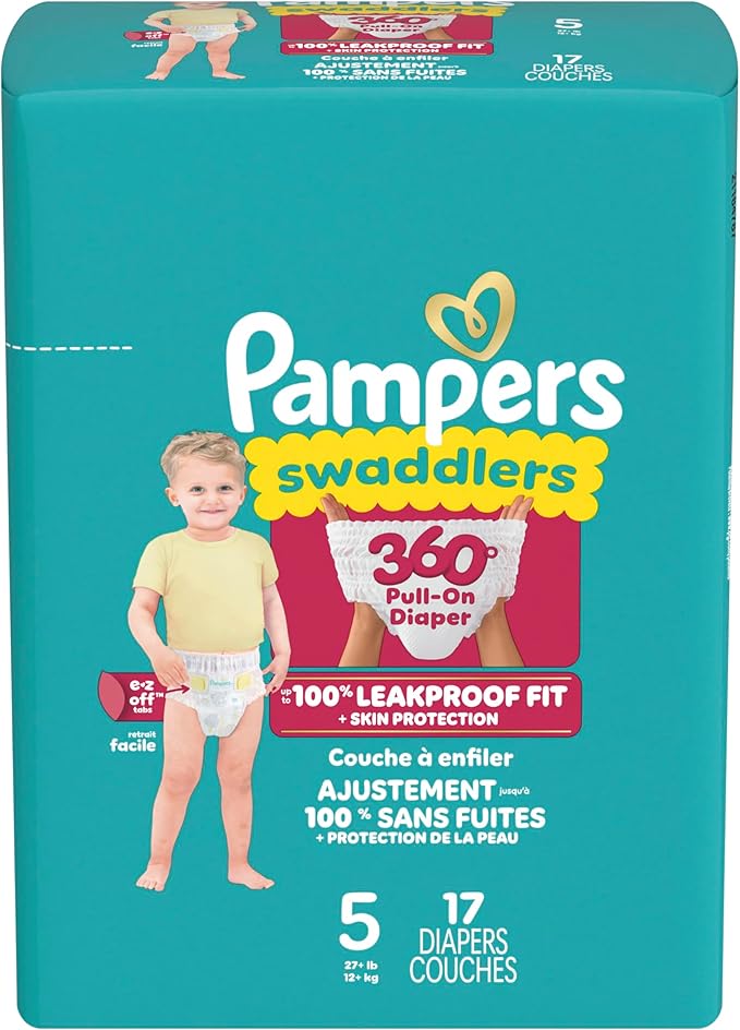 Pampers Diapers - Swaddlers 360° - Size 5, 17 Count, up to 100% Leakproof Comfy Dry Fit, Designed for Easy Changes, Pull On Baby Diaper