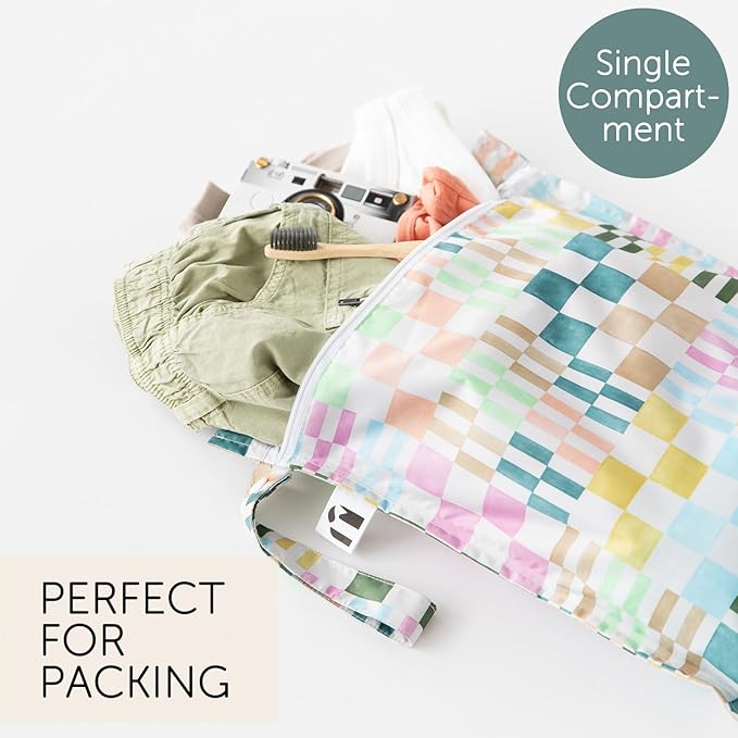 Roamio Waterproof Wet Bag for Baby, Travel, Swim Suit, Cloth Diapers, Pump Parts, Pool, Gym Clothes, Beach, Toiletry, Hook to Stroller, Daycare, Zipper Reusable Bag, Wetdry Packing Pouch, Multi Check