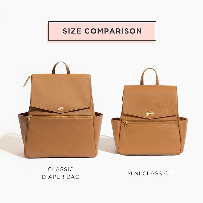 Freshly Picked Mini Classic Diaper Bag Backpack, Wipeable Vegan Leather Diaper Backpack, 8 Pockets (Butterscotch Tan)