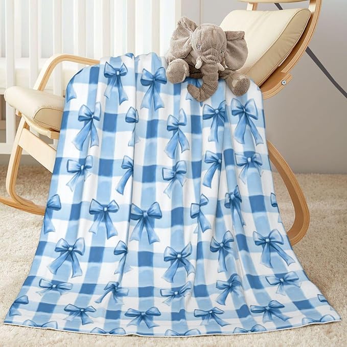 Baby Blanket Blue Bows Check for Boy Girl Newborn 30x40 Inch Toddler Infant Nursery Throw Blankets Double Layer Comfy Soft Plush Stroller Crib Quilt
