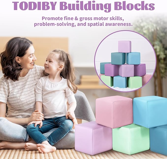 Foam Building Blocks for Toddlers:12-Pieces Wipeable Leather Stacking Cubes Kids - Large Soft Toys Play Set for Learning Construction Baby Preschool Daycare Therapy Birthday Gift (Purple Pink)