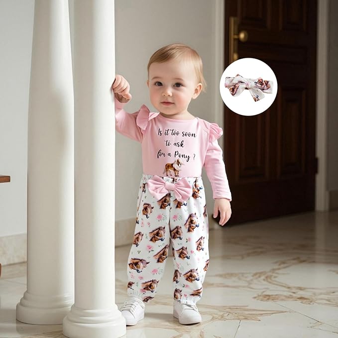 Fernvia Western Newborn Baby Girl Clothes Long Sleeve Letter Print Romper Animal Print Pants Headband 3Pcs Outfits Sets