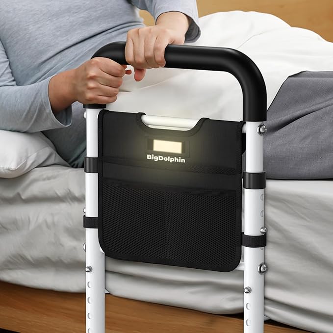 Bed Rails - ASTM Certified Adjustable Bed Cane with Motion Sensor Light, Non-Slip Ergonomic Handle & Storage Pocket, 350LBS Stable Bed Assist Rails for Seniors, Tool-Free, 2026 Upgrade